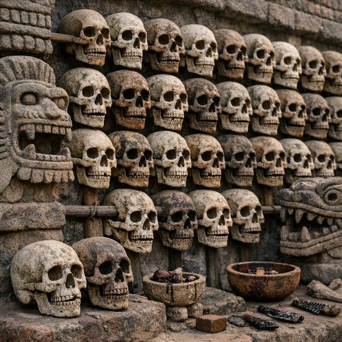 Tzompantli aztèque : signification du mur de crânes